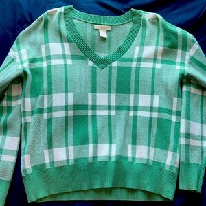 Christian Siriano V-neck Sage Green & White Plaid Sweater